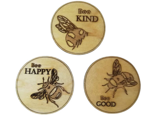 Bee Good, Bee Kind, Bee Happy - set of three wooden pin badges